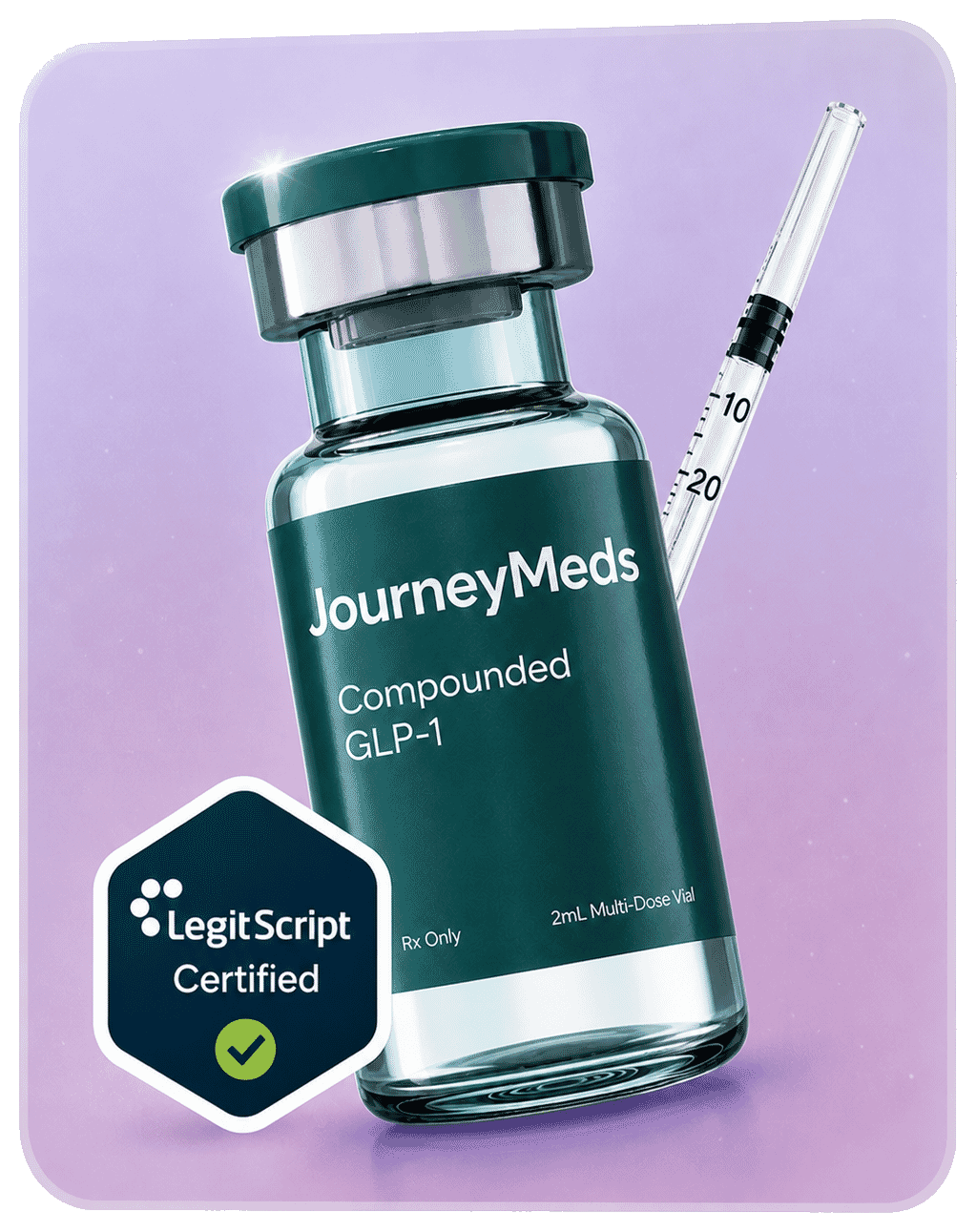 Medication review card with certified medication bottle and syringe