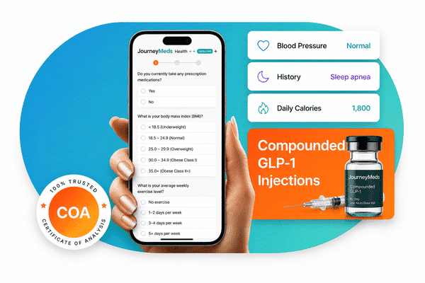 JourneyMeds intake screening visual showing blood pressure, history, calories, and GLP-1 injection review
